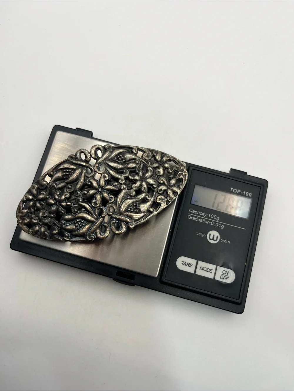 Art Nouveau style silver tone flower filigree oval hair clip barrette
